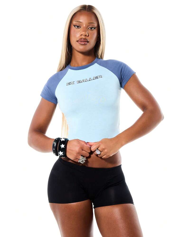 SUMWON WOMEN Ex Baller Contrast Raglan Sleeve Short Sleeve Crop Top With Statement Text Print
