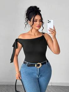 Elenzga Plus Size Women Summer Fashionable Elegant Commuter Sleeveless Oblique Shoulder Tie Strap Camisole - Black - View 3