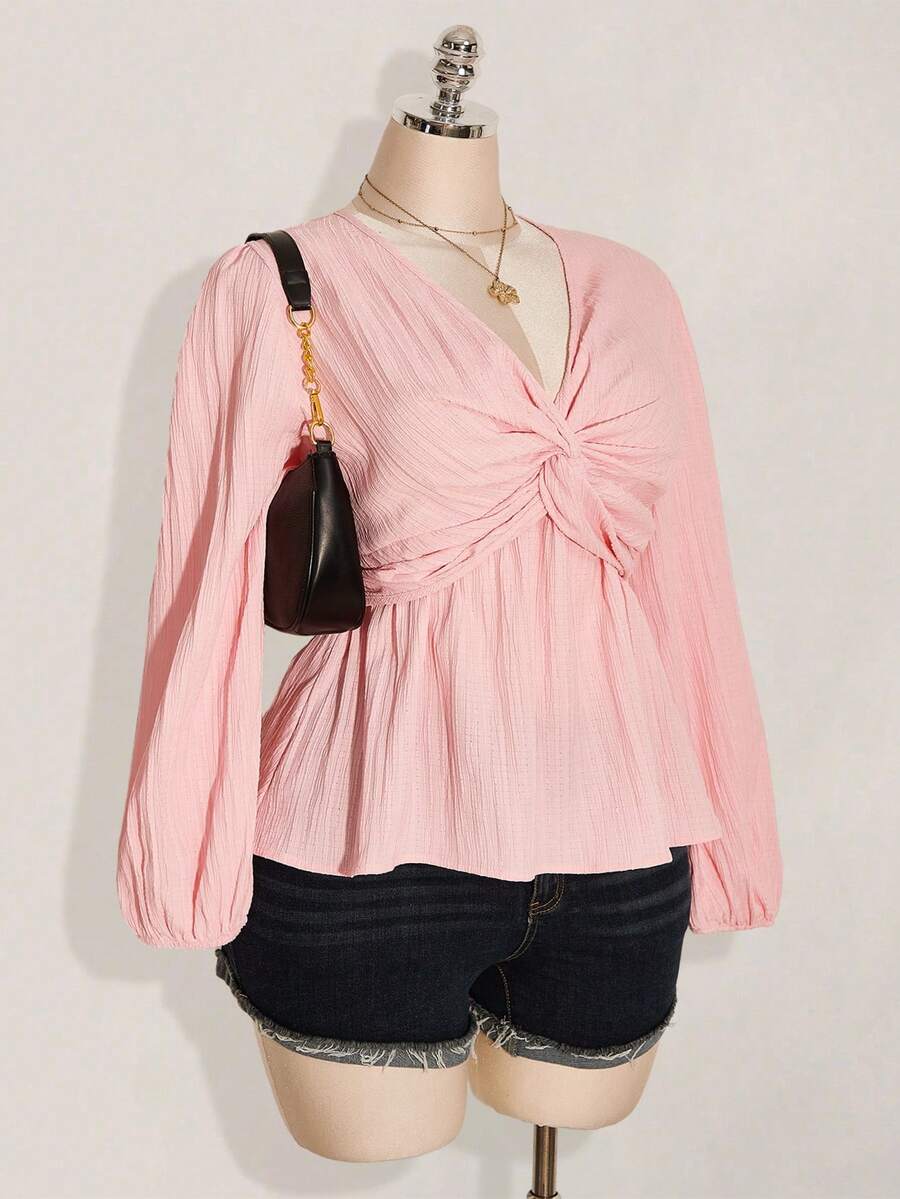 SHEIN ICON Áo kiểu tay phồng màu đen, thắt nút xoắn, chất liệu vải, dành cho nữ cỡ lớn. - Màu Hồng baby - Xem 1
