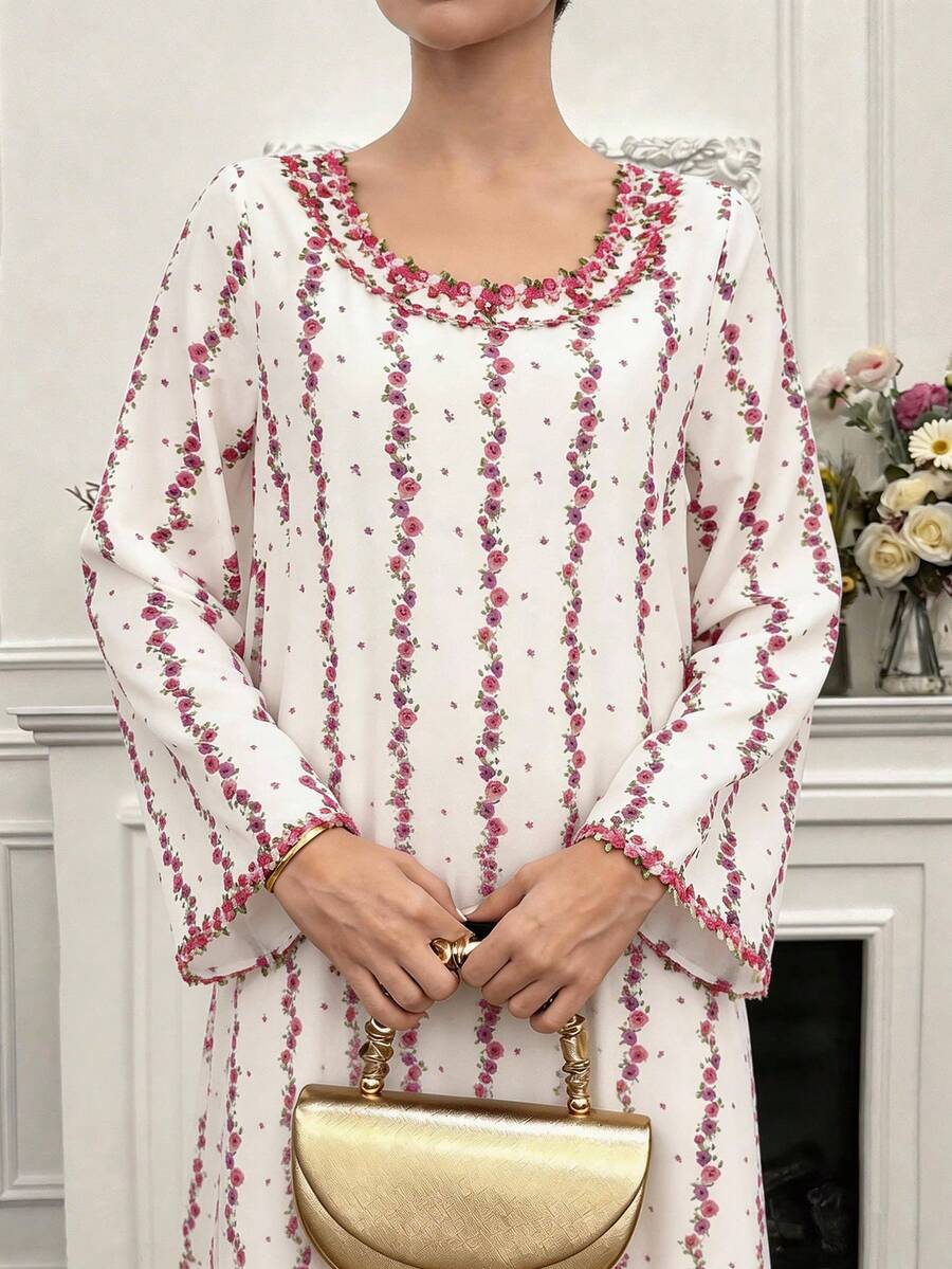 Yasmyna فستان نسائي فضفاض بأكمام طويلة وياقة دائرية، بتصميم أنيق وطباعة زهور صغيرة - متعدد الألوان - مشاهدة 1