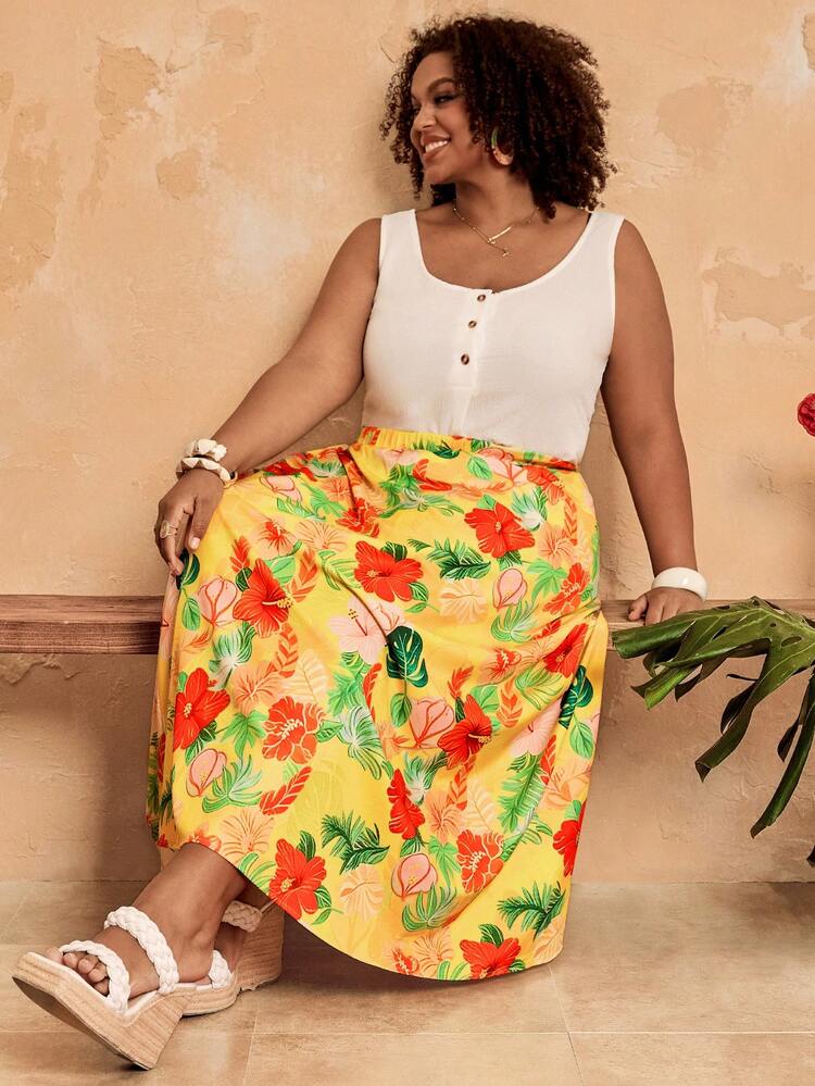 Plus Size Women Tropical Print Casual Skirt Women Summer Dresses Resort Dresses For Women Women's Summer Outfits Women Vacation Outfit Sets African Summer Dresses Women's Summer Outfits Women Casual Dresses Women Sundresses Women's Summer Dresses Longskirts For Women Beach Skirt For Women Tropical Dress For Women