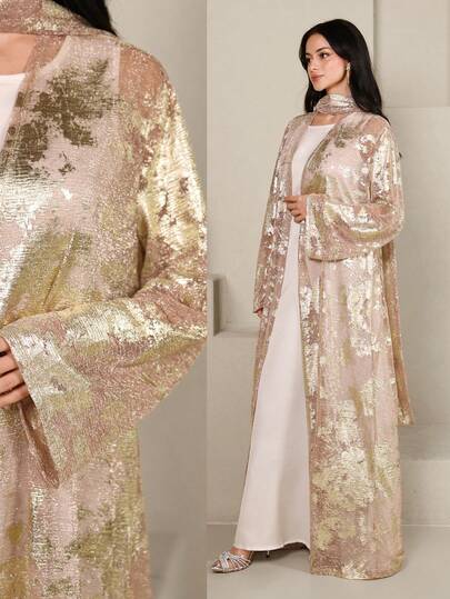 Al Najma New Pleated Fabric High-End Luxurious Metallic Foil Elegant Party & Resort Cardigan Coat