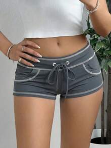 SHEIN EZwear Quần short siêu ngắn thời trang mùa hè, cạp chun có dây rút. - Xám - Xem 3