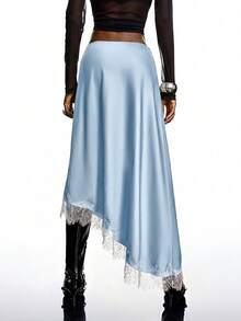 LYSMO 2026 新款简约春季女装浅蓝色纯色不对称下摆撞色蕾丝优雅半身裙，缎面面料配蕾丝边，蓝色，适合外出、派对、圣诞派对、新年派对、夏季等场合，优雅迷人。 - 淺藍色 - 查看 2