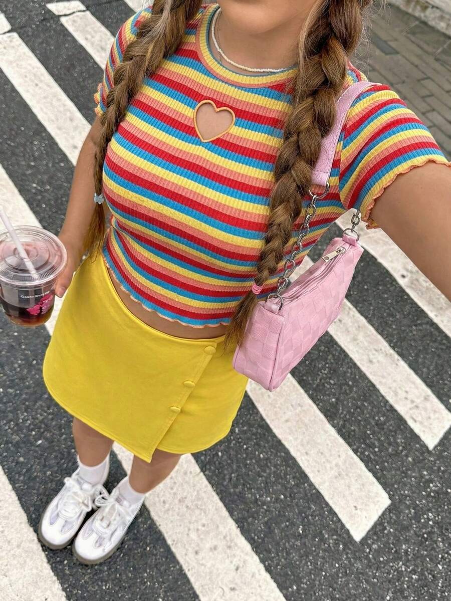 SHEIN 2pcs/Set Teen Girl Heart Hollow Embroidery Striped T-Shirt & Solid Color Button Faux Skort,Kids - Yellow - View 1