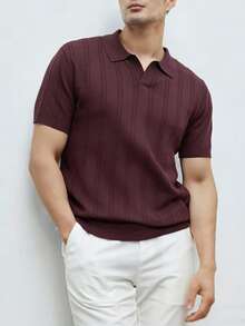 Manfinity Homme 加大码男士纯色 Polo 领短袖针织衫 男士针织衬衫 男士短袖休闲男士纽扣针织 Polo 衫 男士 V 领罗纹酒红色男士衬衫 - 彩色 - 查看 1