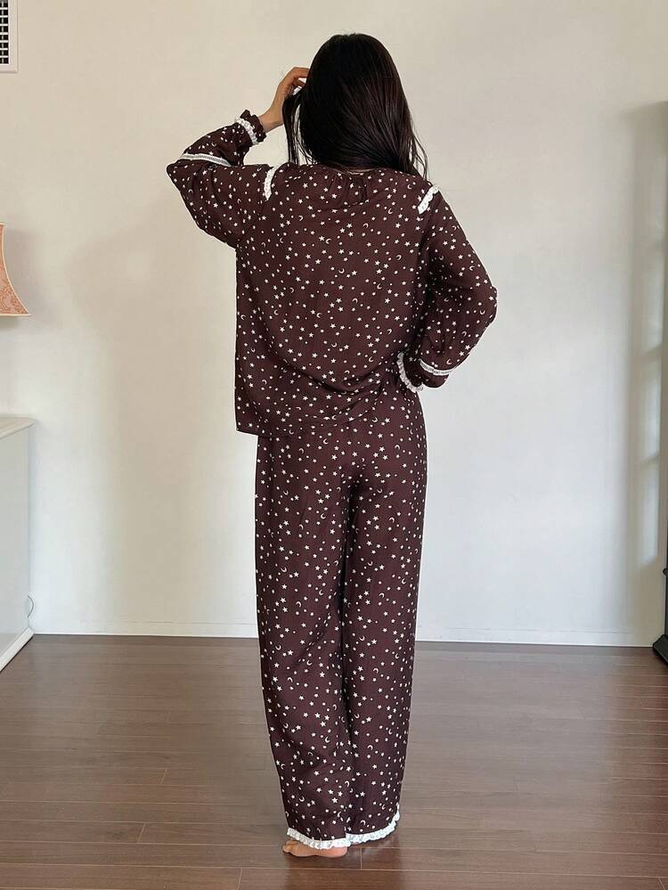 Star & Moon Print Contrast Color Ruffle Trim Tie Neck Lantern Sleeve Women Pajama Set