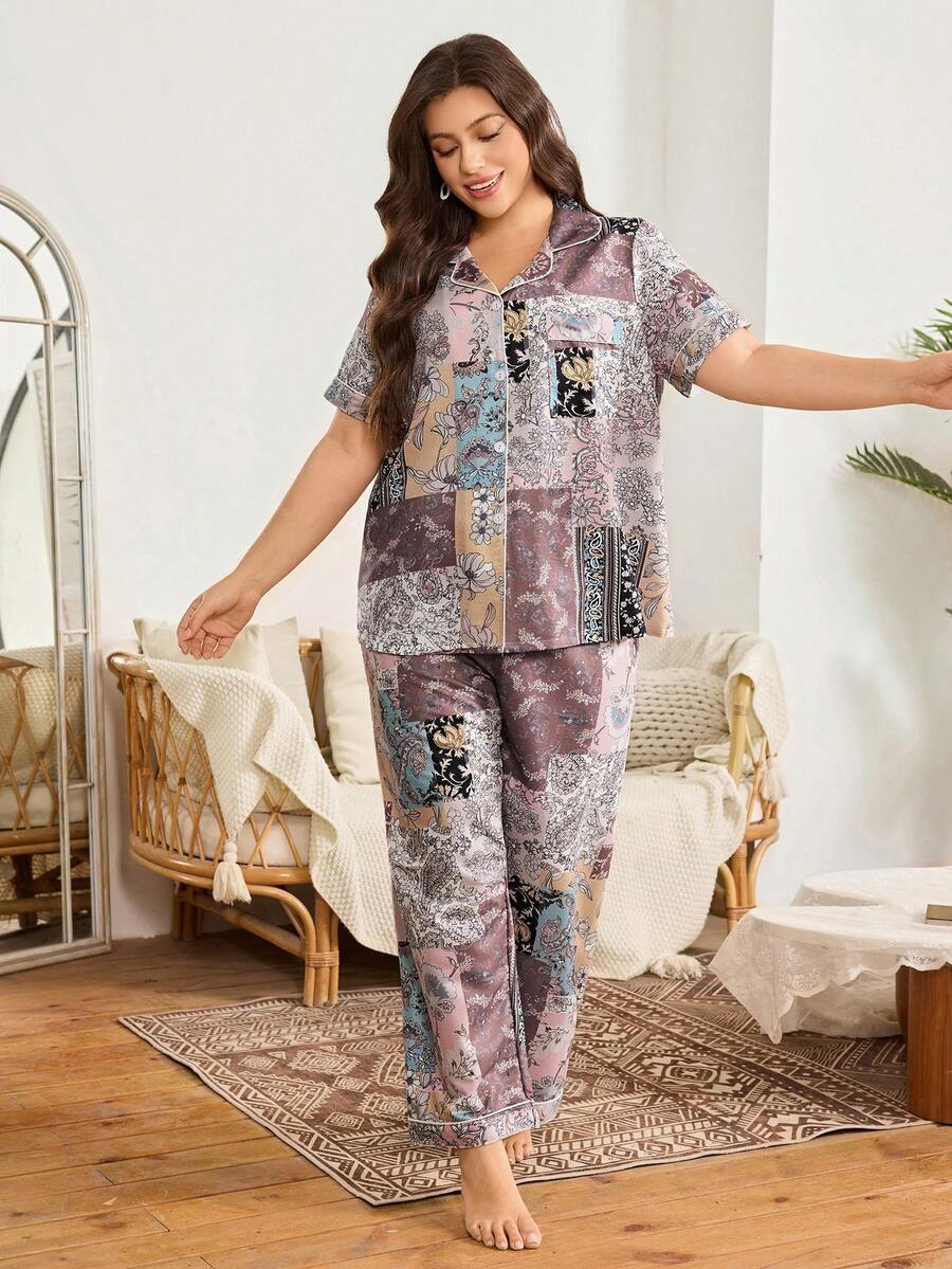 Serenescape Plus Size Patchwork Print Women Short Sleeve Button-Up Top And Pants Pajama Set - Multicolor - View 1