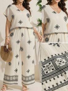 Comfylo 2pcs/Set Plus Size Short Sleeve V-Neck T-Shirt And Pants Elegant Women Minimalist And Fashionable For Summer Women Boho/Bohemian Summer Outfits For Women Vacation Outfits Woman Two Pieces Set Women Summer Outfits For Women Two Pieces Set Women Summer New Design 2pcs/Set Plus Size Leisure & Resort Style Fashion Outfit Glamorous Suitable For Summer Modest - Multicolor - View 6