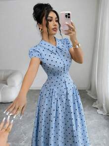 Elenzga Vestido de lunares blanco y negro de estilo elegante y vintage para mujer, con cuello vuelto, botones delanteros, hombros recogidos, mangas farol y falda acampanada, ideal para negocios, salidas y vacaciones, primavera/verano - Azul - Ver 5
