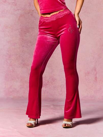 BABYPHAT Women's Velour Flare Leggings With Lace Waist Detail And Rhinestone Embellishments Pink Luxurious Wide Leg Pants For Cozy Comfort