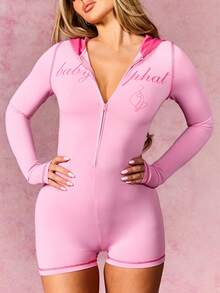 BABYPHAT Jumpsuit Wanita Warna Pink dengan Tudung, Lengan Panjang, Bahan Jersey, Resleting Depan, dan Grafis Teks untuk Pakaian Kasual Sehari-hari - Berwarna merah muda - View 4