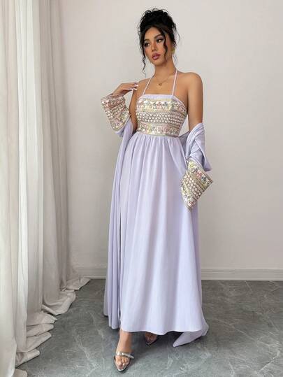 Rafferiza 女士阿拉伯风格套装，几何图案刺绣拼接，宽松无肩带露背长裙配腰带，优雅奢华的高端正式礼服，适合派对、度假、宴会等场合，浪漫复古中式休闲春夏秋季皆宜。