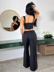 Vassilux Pantalones rectos de lana de estilo twill para mujer, de color gris sólido, aptos para el uso diario, la oficina, el estilo "old money", la moda y el otoño e invierno cálidos - Negro - Ver 2
