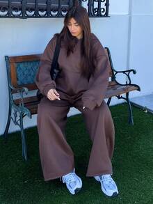 Hitanina Women's Autumn/Winter Thermal Lined Hoodie And Relaxed Fit Sweatpants Set Modest Two Piece Set Two Piece Lounge Set Brown Set Women Brown Two Piece Lounge Set Comfortable Two Piece Set - Brown - View 4