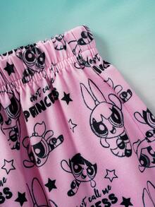 THE POWERPUFF GIRLS X SHEIN 女童休闲卡通印花短袖上衣短裤睡衣套装，夏季 - 淺粉色 - 查看 9