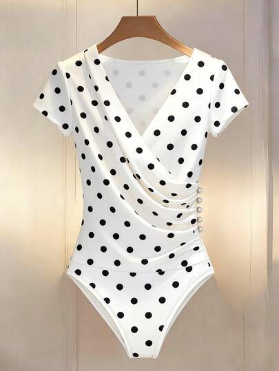 Franclia Vintage White Polka Dot Crossed V-Neck Side Waist Beaded Ruched Fitted Romper Sexy Top Polka Dot One Piece Bathing Suits For Women Polka Dot Retro Swim Suit Yummy Control Bathing Suit