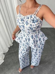 Elenzga Fashion Blue Floral Print Camisole - Summer Elegant Women's Suit - White - View 6