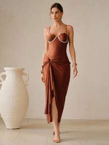 Swim Oasis 女士金属光泽亮面贝壳装饰钢圈连体泳衣，适合海滩度假 - 棕色 - 查看 8