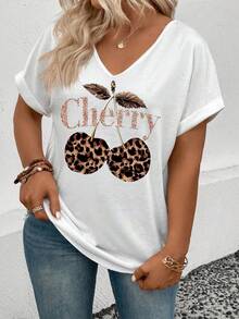 EMERY ROSE New Arrival Spring/Summer Leopard Print Cherry V-Neck Short Sleeve Plus Size Women T-Shirt - White - View 6