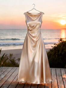 Franclia Women's Elegant Champagne Satin Dress, Waist Pleated, Smooth Satin Fabric, Natural Drape, Pearl Button Decor At Waist, Simple Yet Sophisticated, Basic Style Elevated By Pearl & Satin Material, Suitable For Spring/Summer Commute, Daily Wear, Winter, Party, Beach, Date, Graduation, Business Office, Urban Teacher Uniform, Christmas New Year Outfit, Casual Maxi Dress Satin Dress Elegant Champagne Formal Dress Silk Dresses Dinner Dress Vacation Formal Dress Satin Elegant Dress Beach Vacation Dress - Multicolor - View 1