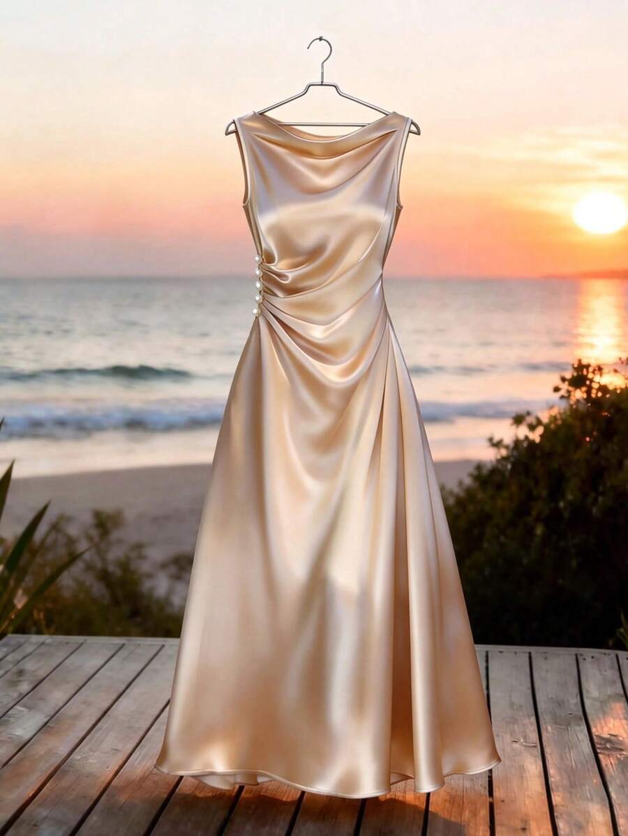 Franclia Women's Elegant Champagne Satin Dress, Waist Pleated, Smooth Satin Fabric, Natural Drape, Pearl Button Decor At Waist, Simple Yet Sophisticated, Basic Style Elevated By Pearl & Satin Material, Suitable For Spring/Summer Commute, Daily Wear, Winter, Party, Beach, Date, Graduation, Business Office, Urban Teacher Uniform, Christmas New Year Outfit, Casual Maxi Dress Satin Dress Elegant Champagne Formal Dress Silk Dresses Dinner Dress Vacation Formal Dress Satin Elegant Dress Beach Vacation Dress - Multicolor - View 1