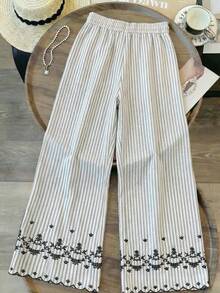GlowEve Women's Drawstring Waist Embroidered Striped Wide Leg Loose Casual Pants - Light Grey - View 2
