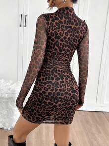 SHEIN EZwear Đầm ngắn lưới họa tiết da báo gợi cảm thời trang dành cho nữ - Rỉ Nâu - Xem 2