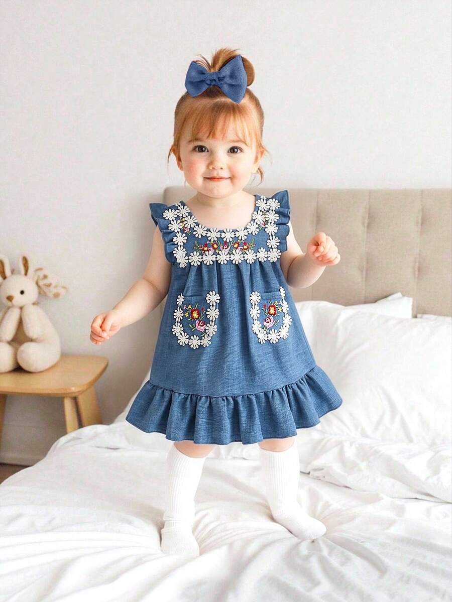 Đầm liền thân mùa hè mới cho bé gái, họa tiết hoa ngọt ngào, thêu không tay, thích hợp mặc hàng ngày, đi du lịch và dã ngoại. - Màu xanh lam - Xem 1