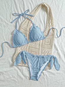 Vivid Eden Women's Solid Color Textured Swimwear Set For Vacation & Beach - Baby Blue - View 4