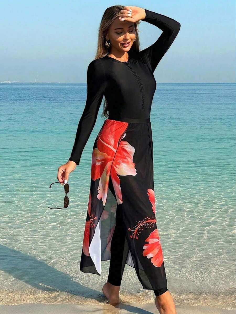 Swim Shayni New Black Long Sleeve Swimwear With Red Floral Print Mesh Skirt Overlay, 2-Piece Set Modest Swim Dress Beach Long Dress Resort Wear Women Maxi Long Sleeve Dress Long Casual Dress - Multicolor - View 1