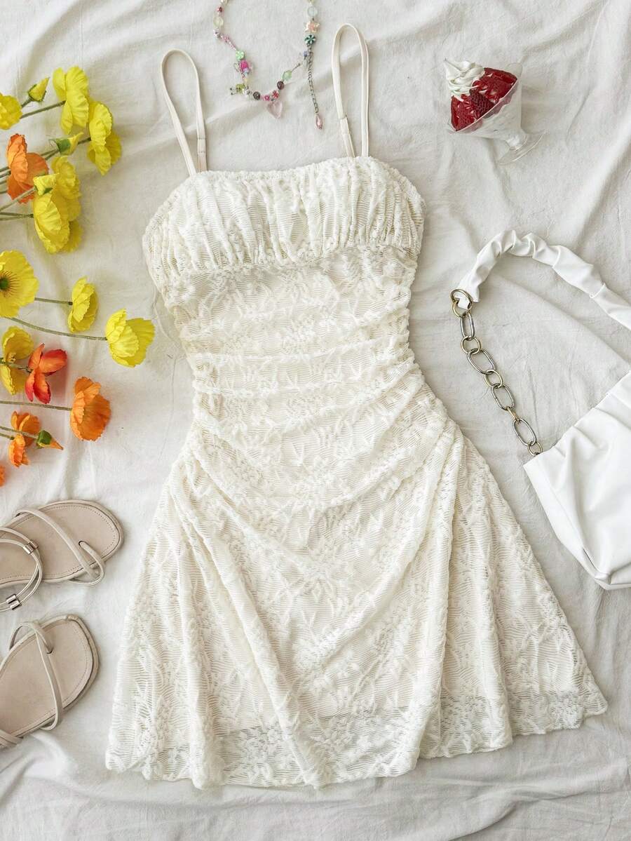 SHEIN Teen Girl Floral Lace Ruffle Camisole Dress - Apricot - View 1