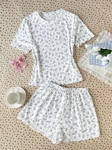 SHEIN 青少年女孩 2件組 春夏新款可愛印花圓領T恤與短褲家居服套裝，舒適休閒睡衣 - 彩色 - 查看 5