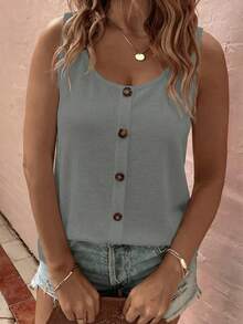 EMERY ROSE Plus Size Loose Casual Button-Up Solid Color Tank Top - Grey - View 3