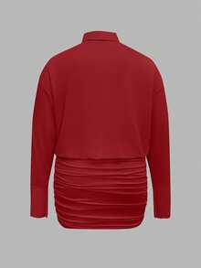 Cévolie Plus Size Women's Solid Color Button Pleated Fashion Date Party Mini Dress - Red - View 2