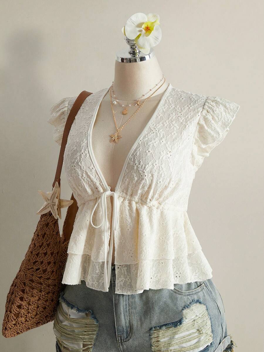 SHEIN ICON Áo thun nữ cỡ lớn màu trắng thắt nơ phía trước, viền bèo nhún, kiểu dáng đi nghỉ mát. - Màu be - Xem 1