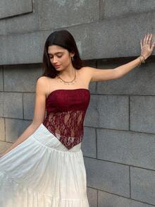 MainGRL Áo liền quần bó sát ren màu đỏ tía gợi cảm, thường ngày, viền bất đối xứng, phù hợp cho mùa hè - Màu Đỏ Sâu - Xem 4