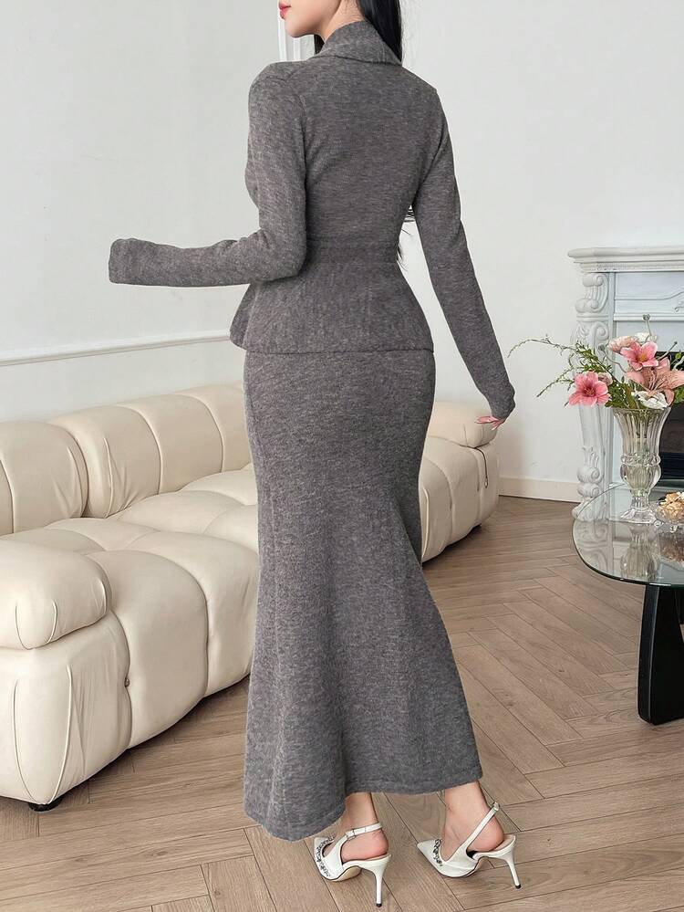 Women's Solid Color Long Sleeve Ruffle Hem Knitted Cardigan And Knitted Skirt Elegant 2 Pieces Set, Autumn/Winter