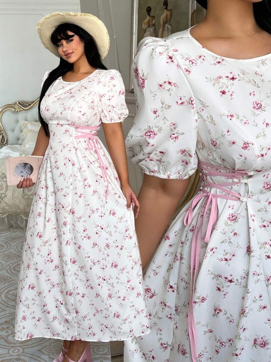 Lyrianda Modest Plus Size French Jacquard Tie-Up Dress,Summer White Floral Maxi Curve Tea Party Holiday Milkmaid Cottagecore Puffy Sleeve Elegant Midi Dress - Apricot - View 1