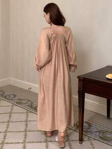 Elegant Pleated Tie Collar Loose Long Women Nightgown, Spring/Summer - Apricot - View 2