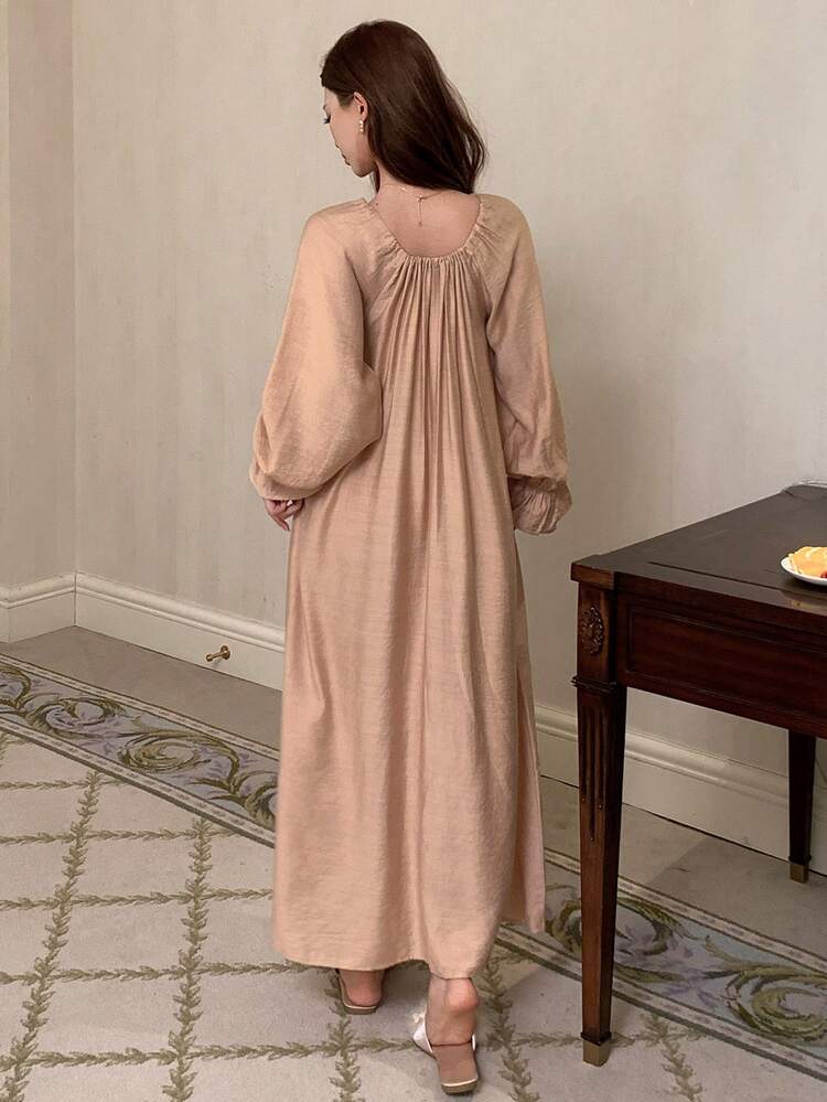 Elegant Pleated Tie Collar Loose Long Women Nightgown, Spring/Summer