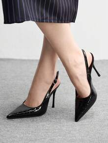 CUCCOO BIZCHIC Elegant Women Slingback Heels Textured Glossy Finish Pointed Toe Stiletto High Heel Pumps - Black - View 5