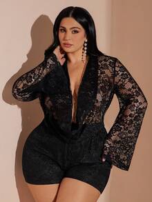 SHEIN BAE Plus Size Women's Lace Plunging Neckline Romper,Black Autumn Elegant Jumpsuit For Wedding Guest,Party,Vacation,Holiday,Music Festival Outfits - Black - View 7