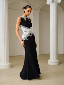 ZEYLAH Vestido ajustado con contraste de encaje en blanco y negro, elegante para /verano - Blanco y Negro - Ver 4
