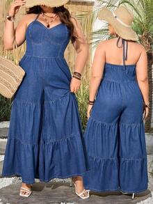 SHEIN Holidaya Bộ jumpsuit denim ống rộng nhiều lớp xếp nếp cổ yếm dành cho nữ cỡ lớn, thích hợp cho kỳ nghỉ. - Rửa tối - Xem 1