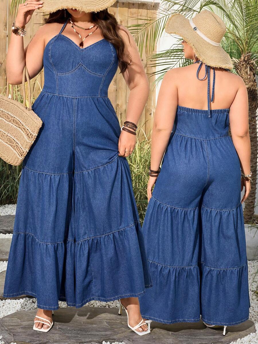 SHEIN Holidaya Bộ jumpsuit denim ống rộng nhiều lớp xếp nếp cổ yếm dành cho nữ cỡ lớn, thích hợp cho kỳ nghỉ. - Rửa tối - Xem 1