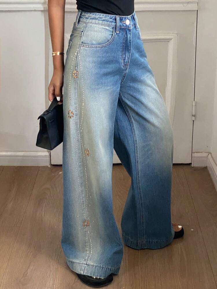 Women's Regular Waist Rhinestone Design Loose Casual Straight Leg Jeans