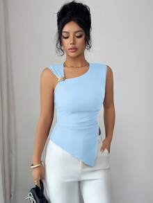 Elenzga Ladies' Elegant Knitted Summer Tank Top For Vacation - Blue - View 3