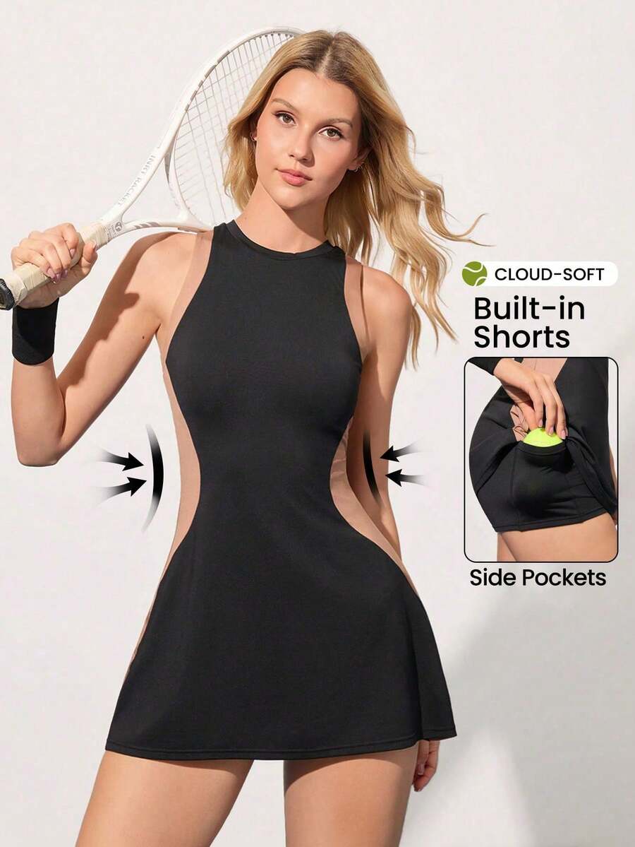 Vestido deportivo sin mangas para tenis y golf de Courtclass - Estilo de bloques de color con pantalones cortos incorporados y bolsillos funcionales - Multicolor - Ver 1