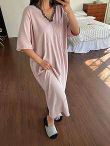 DAZY Women's Elegant Sequin Ruffle Collar Loose Nightgown, Summer - Pink - View 3